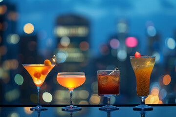Four cocktail glasses with different drinks on a bar counter against a cityscape night background....