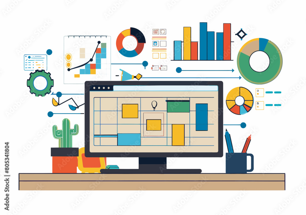 Poster minimalist vector illustration - software development project management with gantt chart on laptop 
