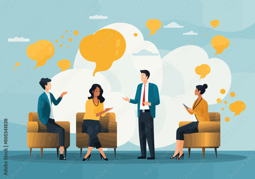 Poster professional diverse business team having conversation, discussing ideas in speech bubbles ? vector 