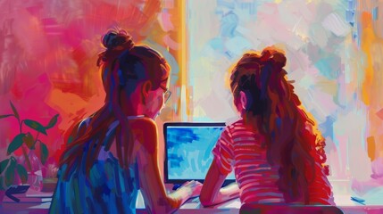 Online Art Class Mother and Daughter on Laptop