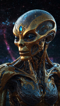 a strange space alien creature, with a golden metallic color and crystal elements 02