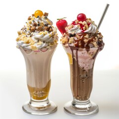 Two delectable ice cream sundaes sitting side by side on a clean white table