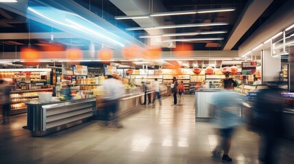 customers blurred grocery store interior