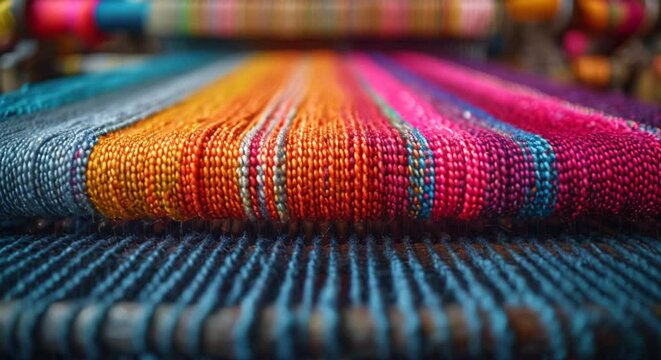 Detailed view of a textile loom weaving an intricate pattern, threads in vibrant colors