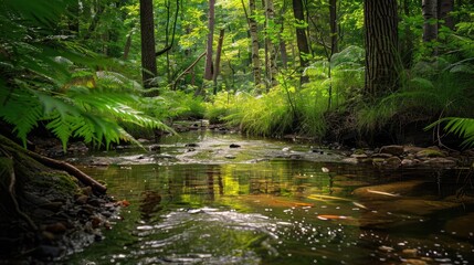 hidden woodland stream in a lush forest setting, with fish darting beneath the surface