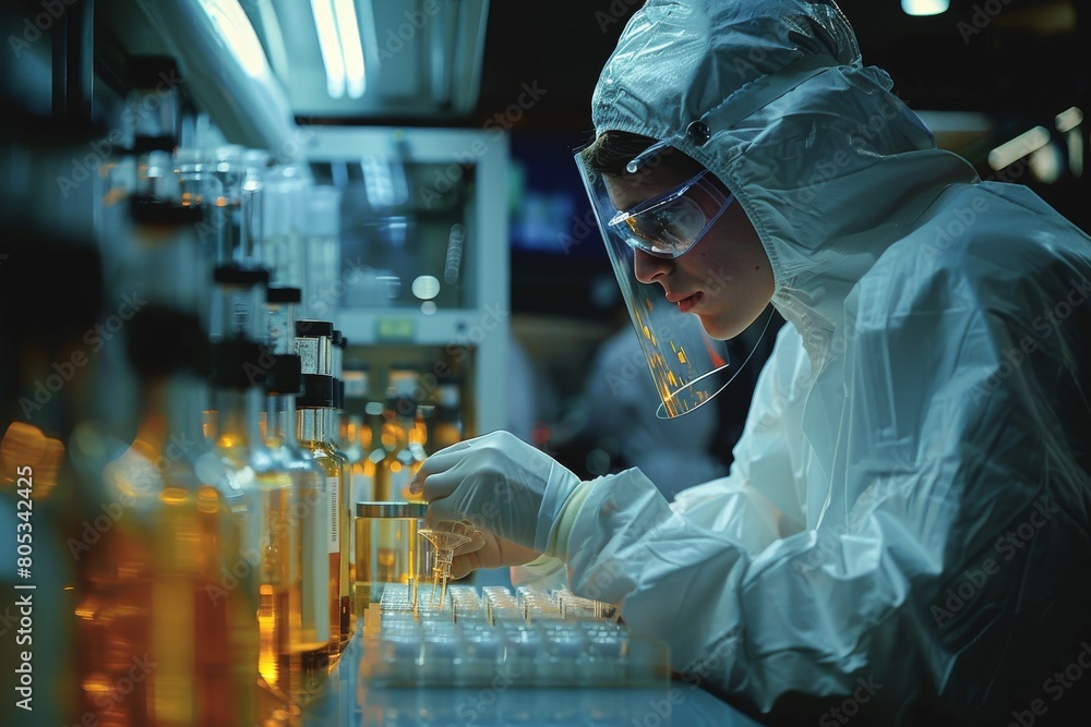 Poster a scientist in protective gear meticulously conducts experiments in a high-tech laboratory setting w