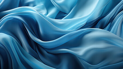 Heavenly Fluttering Blue Color Silk Fabric in Space With Delicate Folds on Focus on Foreground