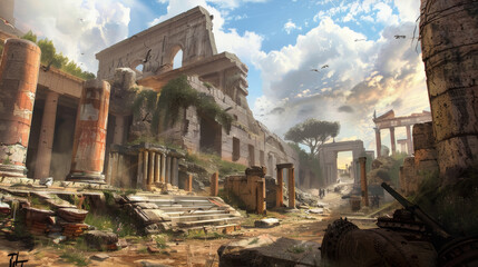 Ruined Ancient Cityscape with Overgrown Vegetation and Broken Columns. Digital Painting of Mythical Ruins. Historical and Adventure Concept for Design and Print