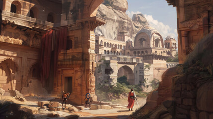 Ancient cityscape with warriors and large stone buildings. Digital art of fantasy architecture. Historical adventure concept for design and poster. Epic landscape scene