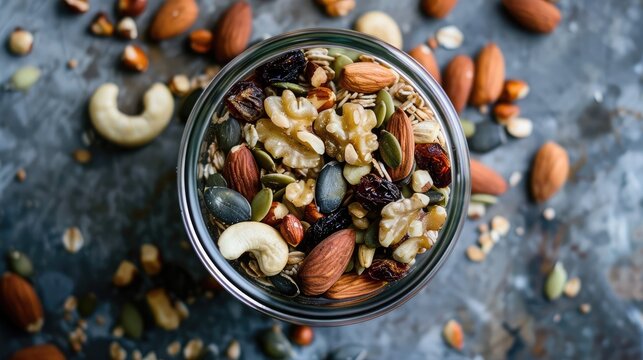 Homemade trail mix with nuts, seeds, and dried fruits for athletes' quick refueling