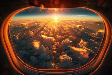 A cozy and inviting view of the sunset captured through the circular frame of an airplane's porthole