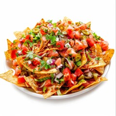 Plate of nachos topped with tomatoes, onions, and cilantro