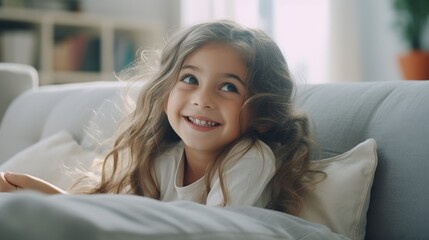 Fototapeta premium A cute little girl with long, wavy brown hair, dressed in blue, lounges comfortably on a sofa in a cozy living room, depicted in an illustration.