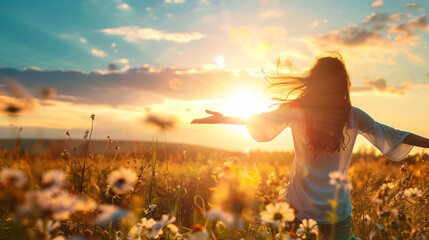 Woman Celebrating Freedom in Sunny Wildflower Meadow at Sunset