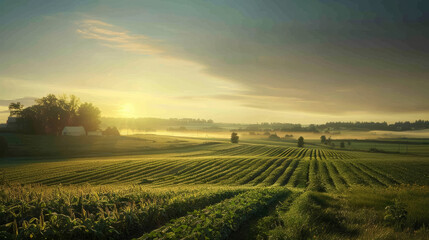 Dawn over farmland with diverse crops and distant farmhouse. Rural landscape photography. Agriculture and farming concept for design and poster. Early morning light Type