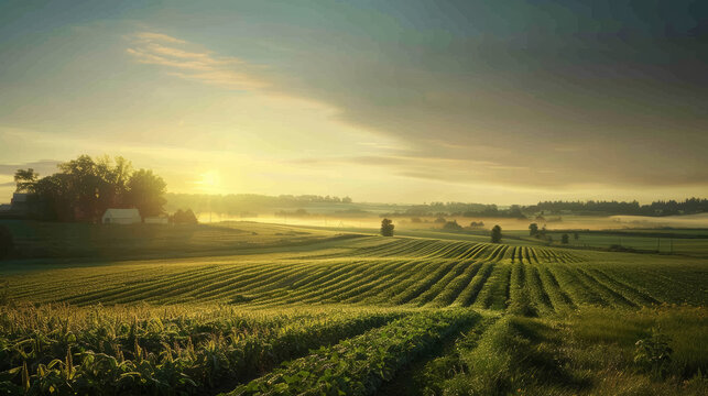 Dawn over farmland with diverse crops and distant farmhouse. Rural landscape photography. Agriculture and farming concept for design and poster. Early morning light Type