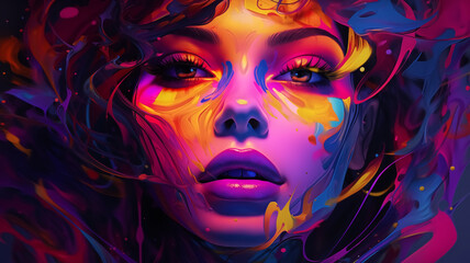 Stunning digital portrait of a woman surrounded by swirling neon colors and abstract patterns, evoking intense emotion and creativity.

