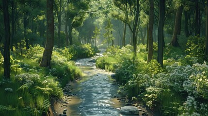 Obraz premium picturesque forest stream winding its way through the trees with fish swimming below