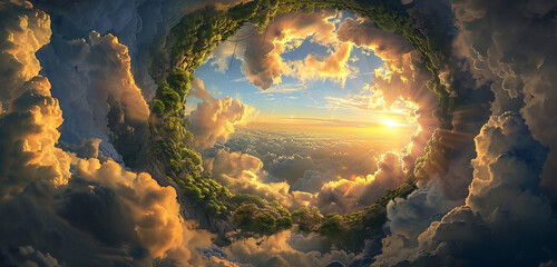 In the heart of a swirling cloud vortex, a serene paradise reveals itself, with lush, untouched...