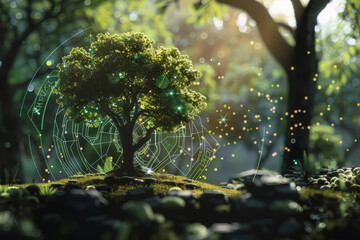 Digital tree encapsulated by futuristic holographic interfaces in a forest setting. Realistic CGI composition. Environmental data analysis concept. 