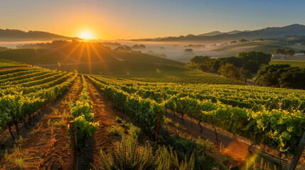Sunrise over vineyard, mist covering hills. Landscape photography of agricultural field. Wine production and agriculture concept for design and poster. Wide-angle view with copy space