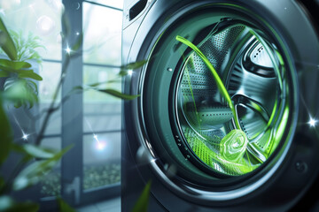 Modern washing machine with green leaves in eco-friendly laundry room. Digital illustration of clean technology. Eco-friendly home appliance concept for design and interior decoration