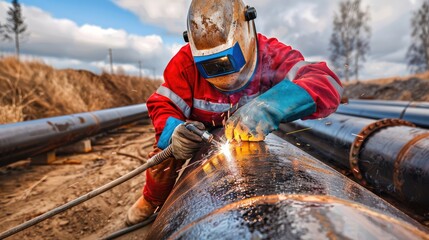 A person in overalls and gloves is welding on the side of an iron pipe, wearing protective glasses and a mask covering their face, sparks flying from small pieces