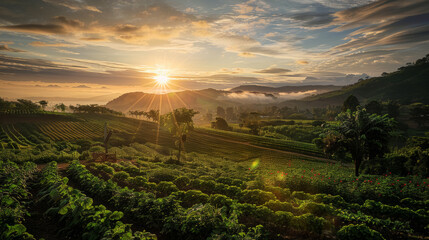 Sunrise over lush green tea gardens with misty hills in the background. Landscape photography for design and print. Travel and agriculture concept with copy space