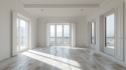 A large bright room with lots of windows in a minimalist style. Empty light room interior. real estate concept