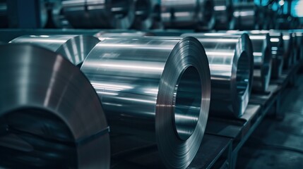 Large metal rolls sit side by side in a factory, waiting to be processed.