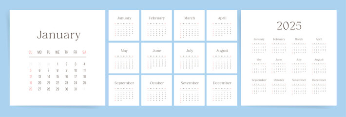 2025 Square Calendar Template Design. Week starts on Sunday office calendar. Desktop or Wall planner in simple clean style. Corporate or business calendar 2025. English vector 2025 calendar layout.