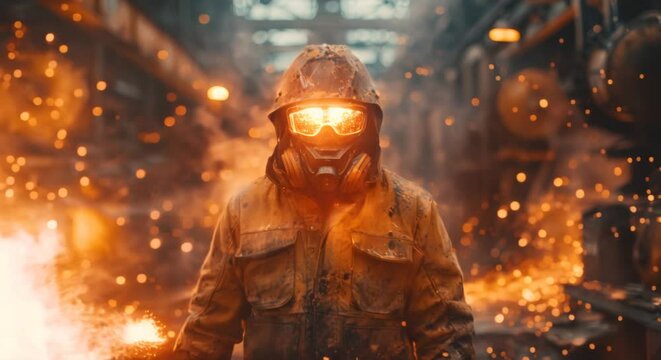Atmospheric and gritty scene of a metal workshop with sparks flying and workers in protective gear