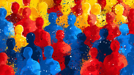 Silhouettes of people in red, blue, and yellow colors representing support and awareness for World Autism Awareness Day and Autism Awareness Month.