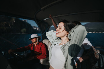 A group of friends relishing a serene boat ride on a picturesque lake, embodying vacation vibes and leisure time together.