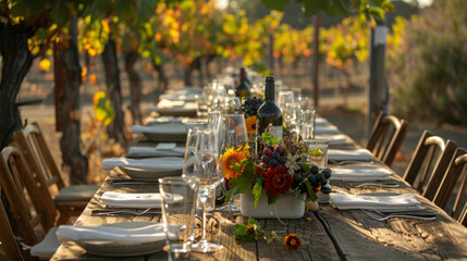 Vineyard dinner table with wine and floral centerpiece. Outdoor dining setup in vineyard setting....