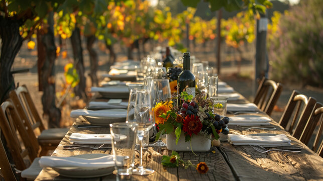 Vineyard dinner table with wine and floral centerpiece. Outdoor dining setup in vineyard setting. Dining entertainment and nature themed event. Design for invitation, banner, poster