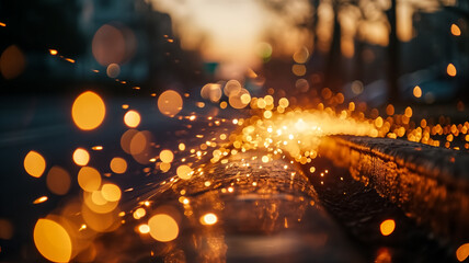 Obraz premium Vivid golden bokeh lights sparkle on a wet city street, creating a magical and atmospheric urban scene at dusk. 