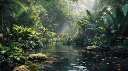 serene forest stream surrounded by lush vegetation, with fish darting among the rocks