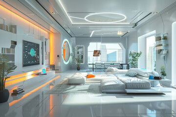 Futuristic bedroom interior with advanced home automation system, modern furniture and panoramic city view. 3D illustration of high-tech smart home interior. Interior design for poster and banner