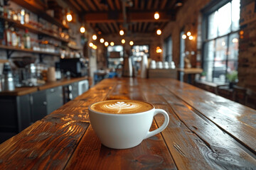 Cozy coffee shop atmosphere with a close-up on a cappuccino cup displaying beautiful latte art on a rustic wooden table - Powered by Adobe