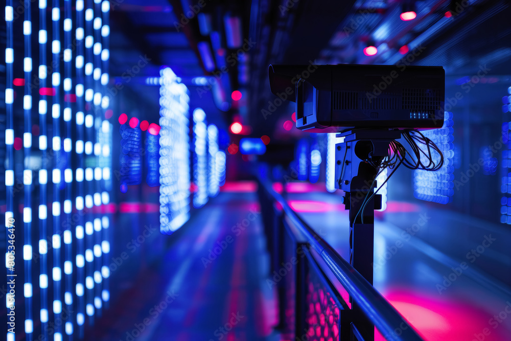 Poster security camera in a data center with blue and red led lights. high-tech surveillance equipment. sec