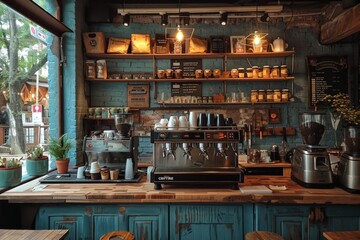A warm and inviting coffee shop atmosphere with vintage décor, brick walls, and well-lit counters