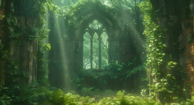 Ancient ruins overgrown with ivy, magic aura