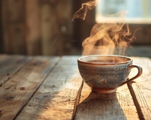 Cup of steaming coffee on rustic wooden table, warm morning light, closeup, cozy atmosphere