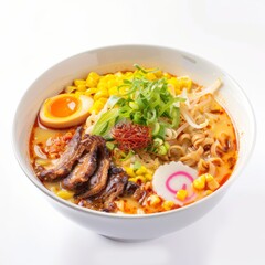 A bowl filled with ramen noodles, tender meat, and fresh vegetables