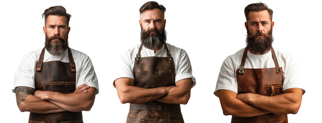 Confident bearded man with apron set against transparent background. Series of four poses featuring a hipster man with tattoos and beard, wearing a leather apron, conveying professional artisan vibes