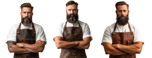 Confident bearded man with apron set against transparent background. Series of four poses featuring a hipster man with tattoos and beard, wearing a leather apron, conveying professional artisan vibes