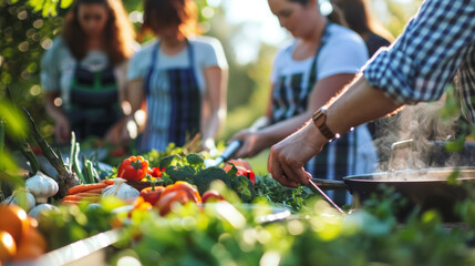Outdoor Cooking Workshop with People Preparing Fresh Vegetables on a Sunny Day. Group Learning to Cook. Educational Cooking Class Design for Banner, Poster
