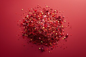 Pile of crushed red chili flakes scattered on a dark red background. Close-up studio photography. Spicy food and cooking ingredients concept for design and print