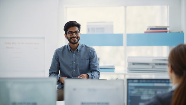 Giovane uomo di origini indiane durante una presentazione in un moderno ufficio 